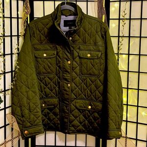 J Crew Womens XXL, NWOT, Dark Olive quilted jacket, zip and snap